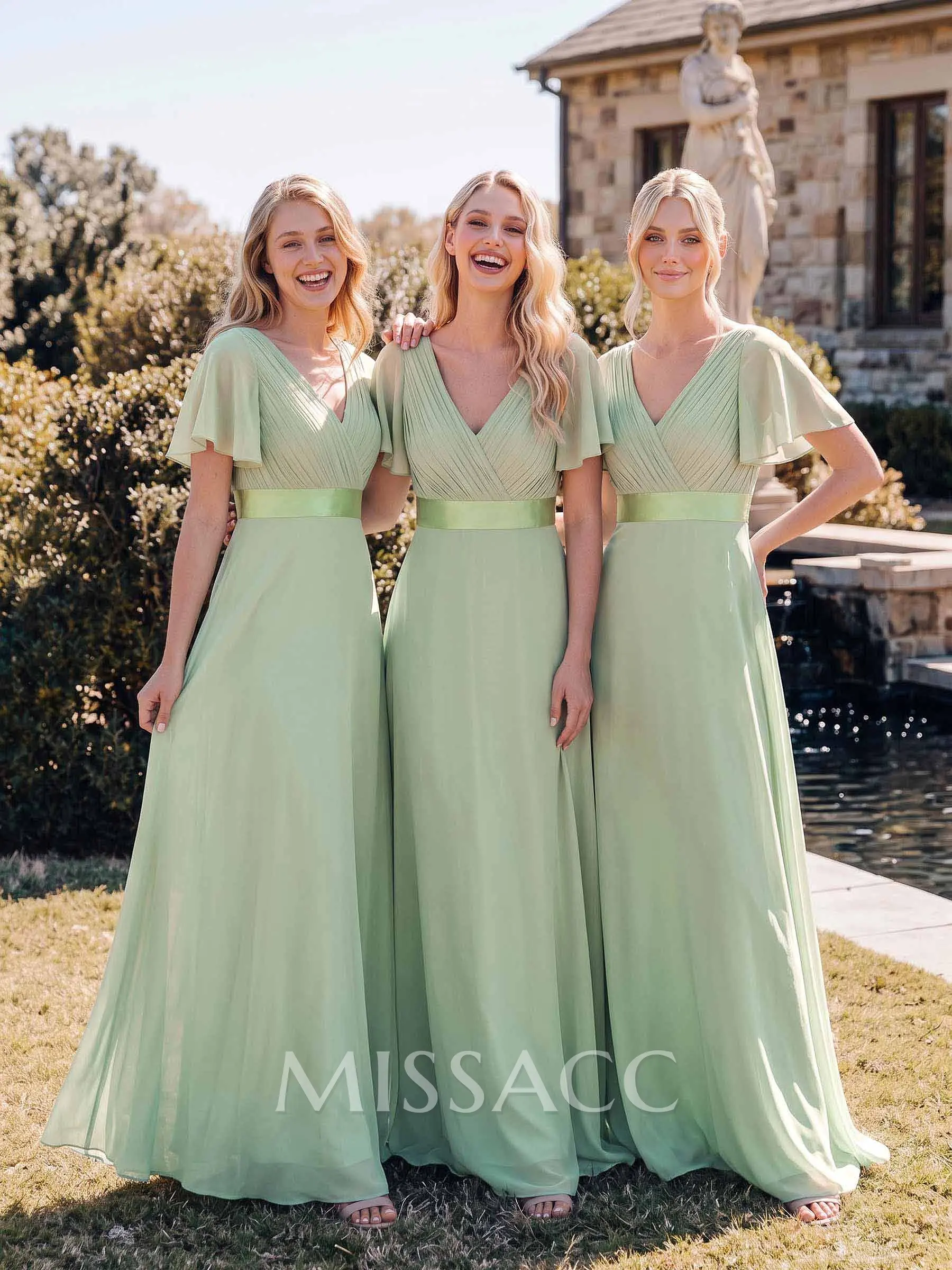 A-Line V-Neck Short Sleeves Floor-Length Chiffon Bridesmaid Dresses With Sash