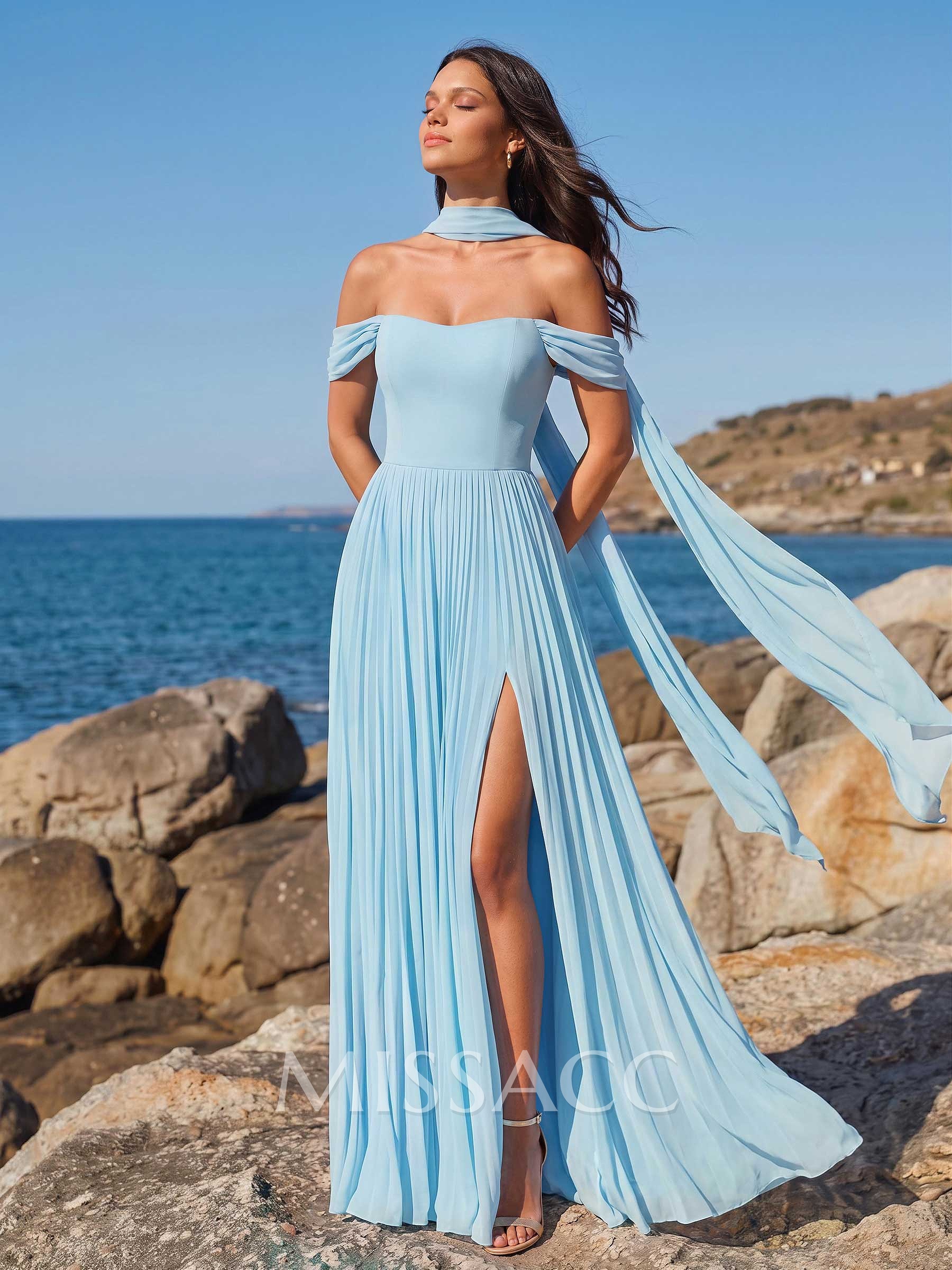 A-Line Off-The-Shoulder Sleeveless Floor-Length Chiffon Bridesmaid Dresses With Pleated/High Split