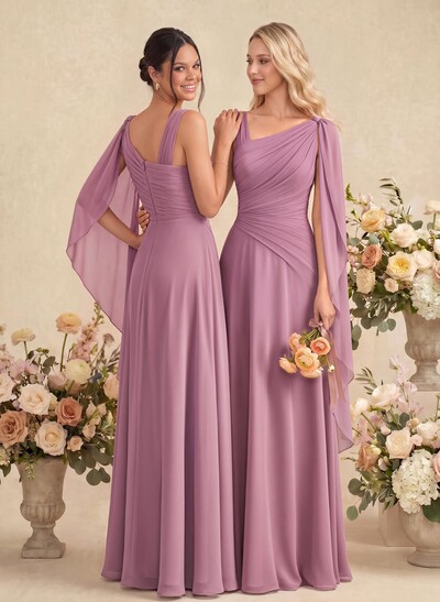 A-Line Asymmetrical Sleeveless Floor-Length Chiffon Bridesmaid Dresses With Sweeping Side Drape