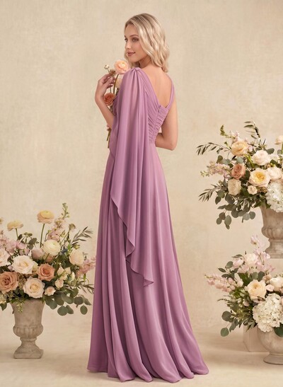 A-Line Asymmetrical Sleeveless Floor-Length Chiffon Bridesmaid Dresses With Sweeping Side Drape
