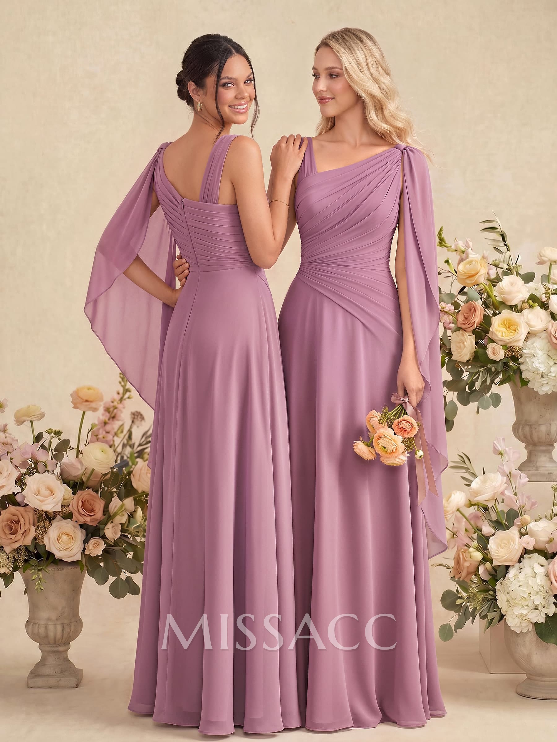 A-Line Asymmetrical Sleeveless Floor-Length Chiffon Bridesmaid Dresses With Sweeping Side Drape