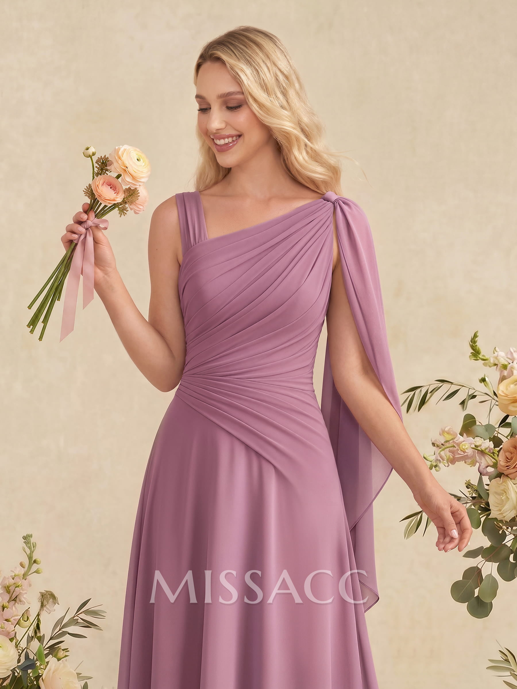 A-Line Asymmetrical Sleeveless Floor-Length Chiffon Bridesmaid Dresses With Sweeping Side Drape