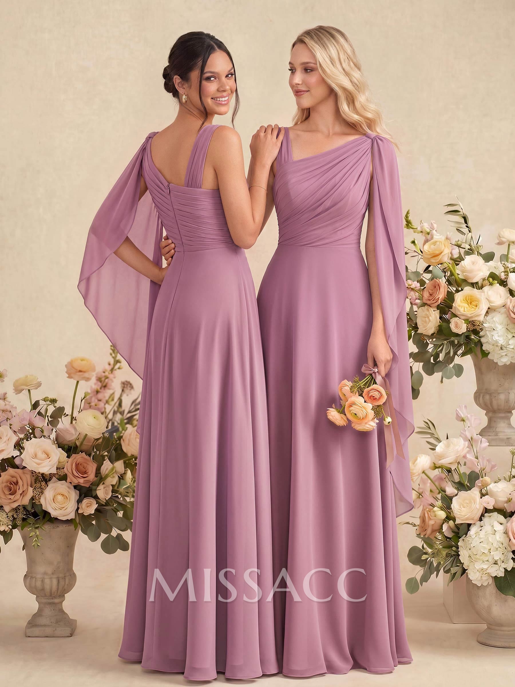 A-Line Asymmetrical Sleeveless Floor-Length Chiffon Bridesmaid Dresses With Sweeping Side Drape