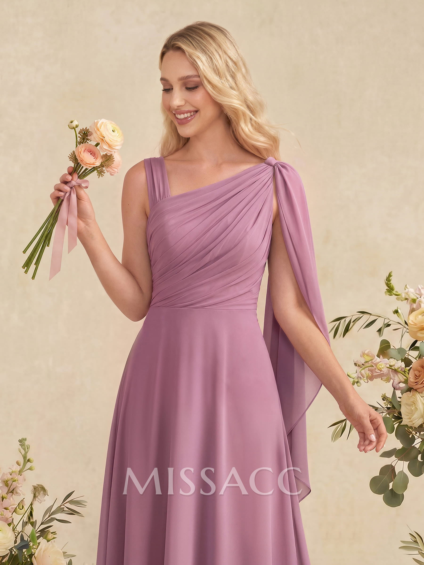 A-Line Asymmetrical Sleeveless Floor-Length Chiffon Bridesmaid Dresses With Sweeping Side Drape