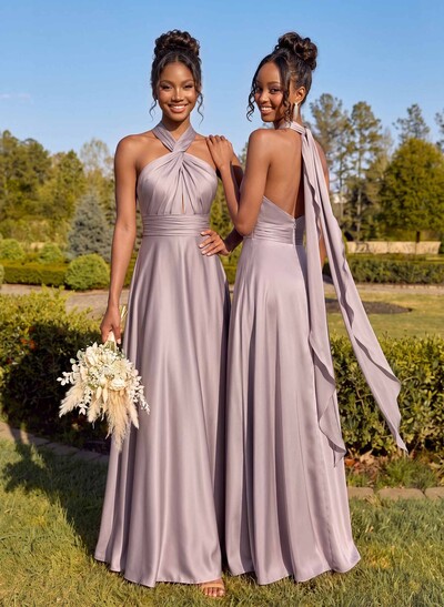 A-Line Halter Sleeveless Floor-Length Stretch Satin Bridesmaid Dresses