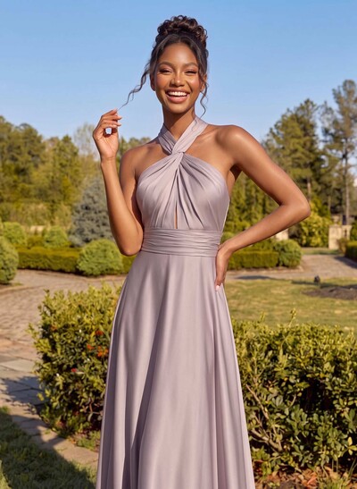 A-Line Halter Sleeveless Floor-Length Stretch Satin Bridesmaid Dresses