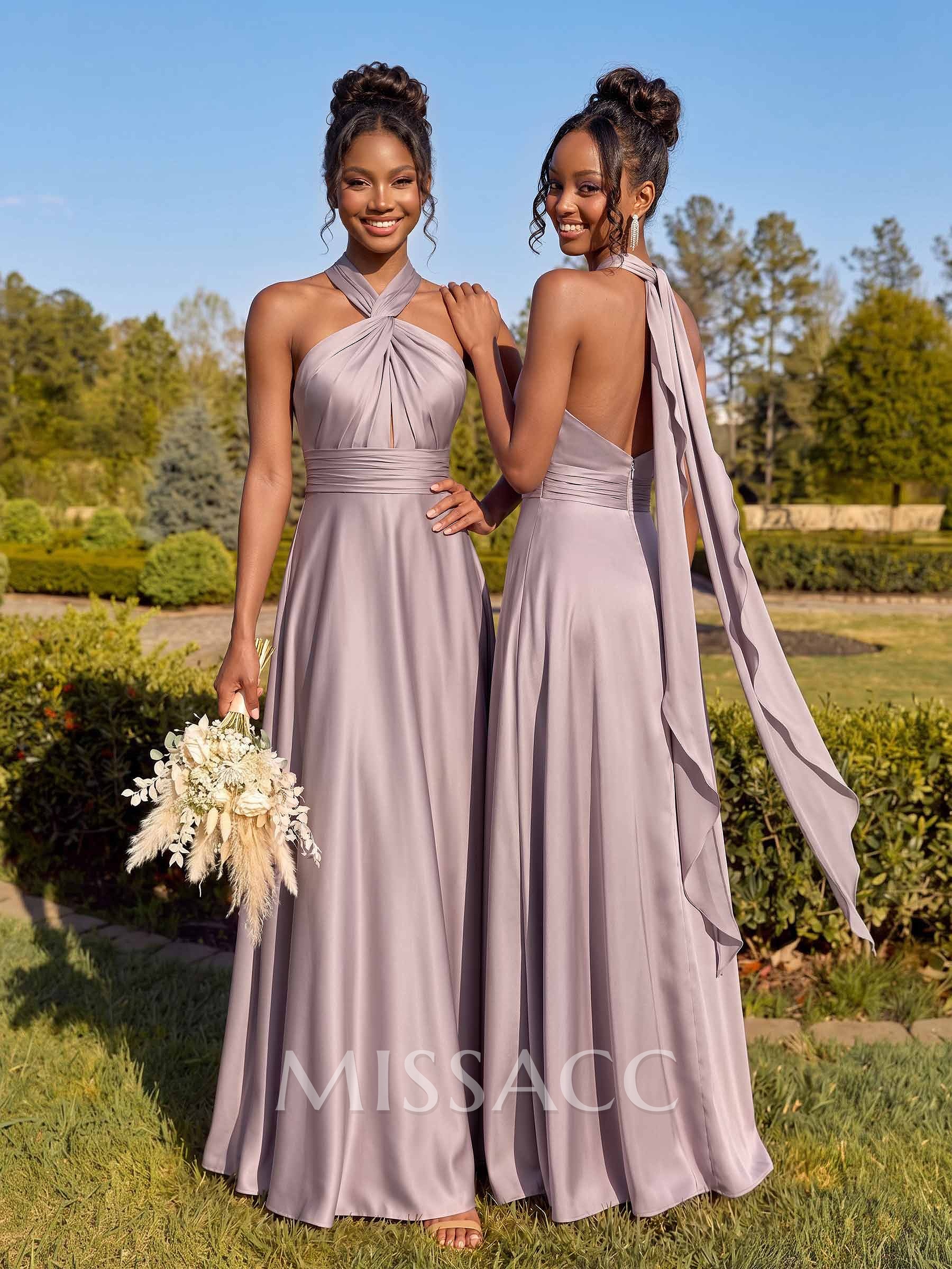 A-Line Halter Sleeveless Floor-Length Stretch Satin Bridesmaid Dresses