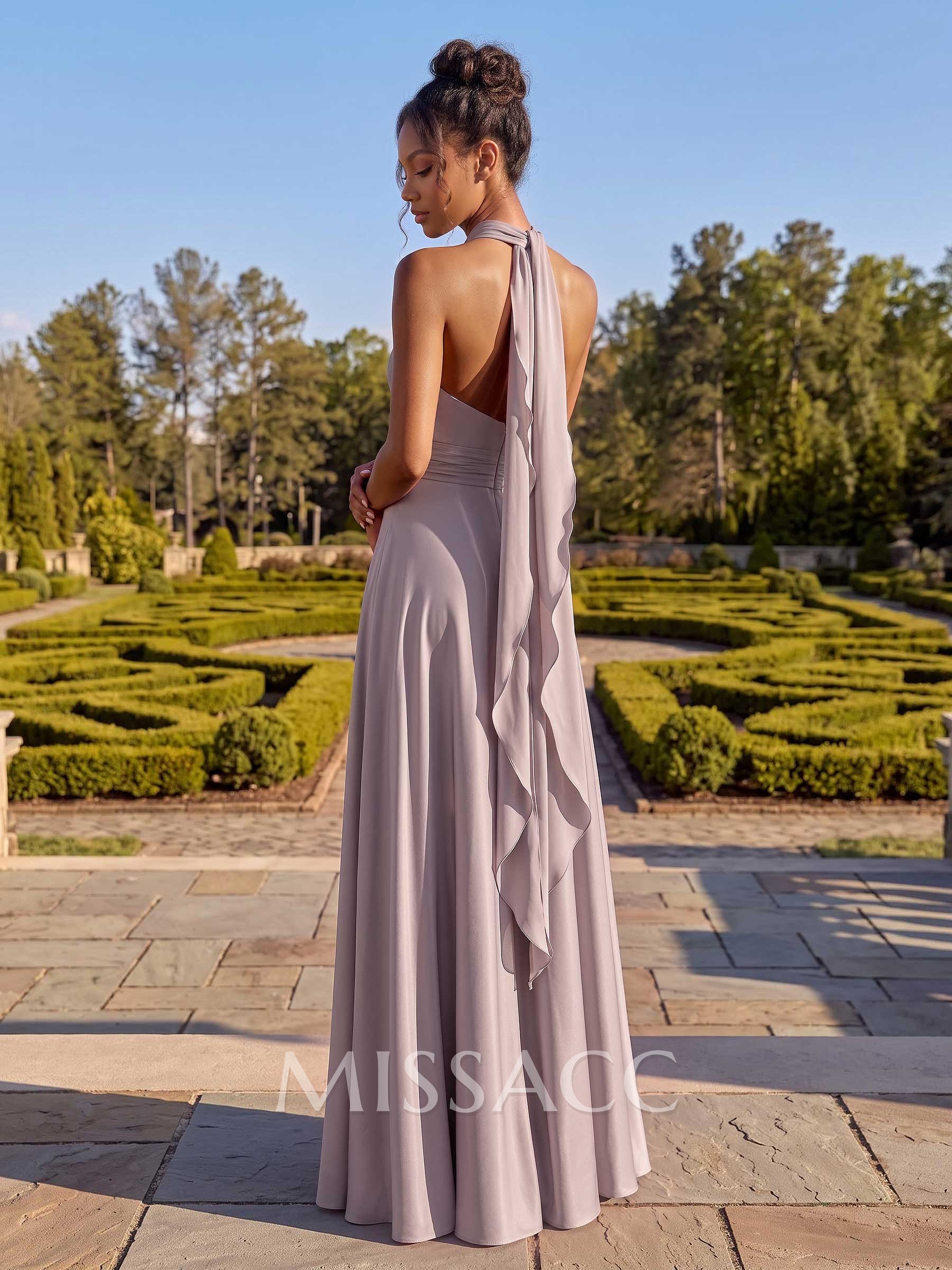 A-Line Halter Sleeveless Floor-Length Stretch Satin Bridesmaid Dresses