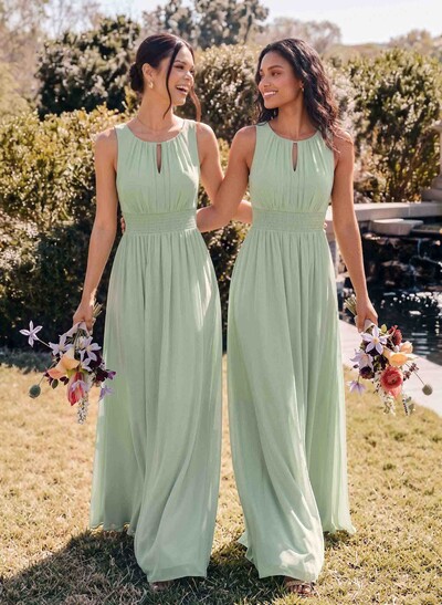 A-Line Scoop Neck Sleeveless Floor-Length Chiffon Bridesmaid Dresses With Pleated