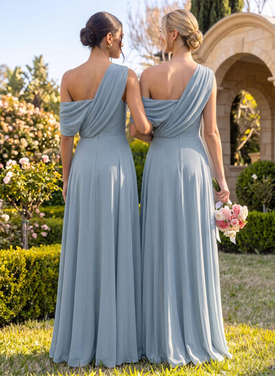 A-Line Asymmetrical Short Sleeves Floor-Length Chiffon Bridesmaid Dresses With High Split