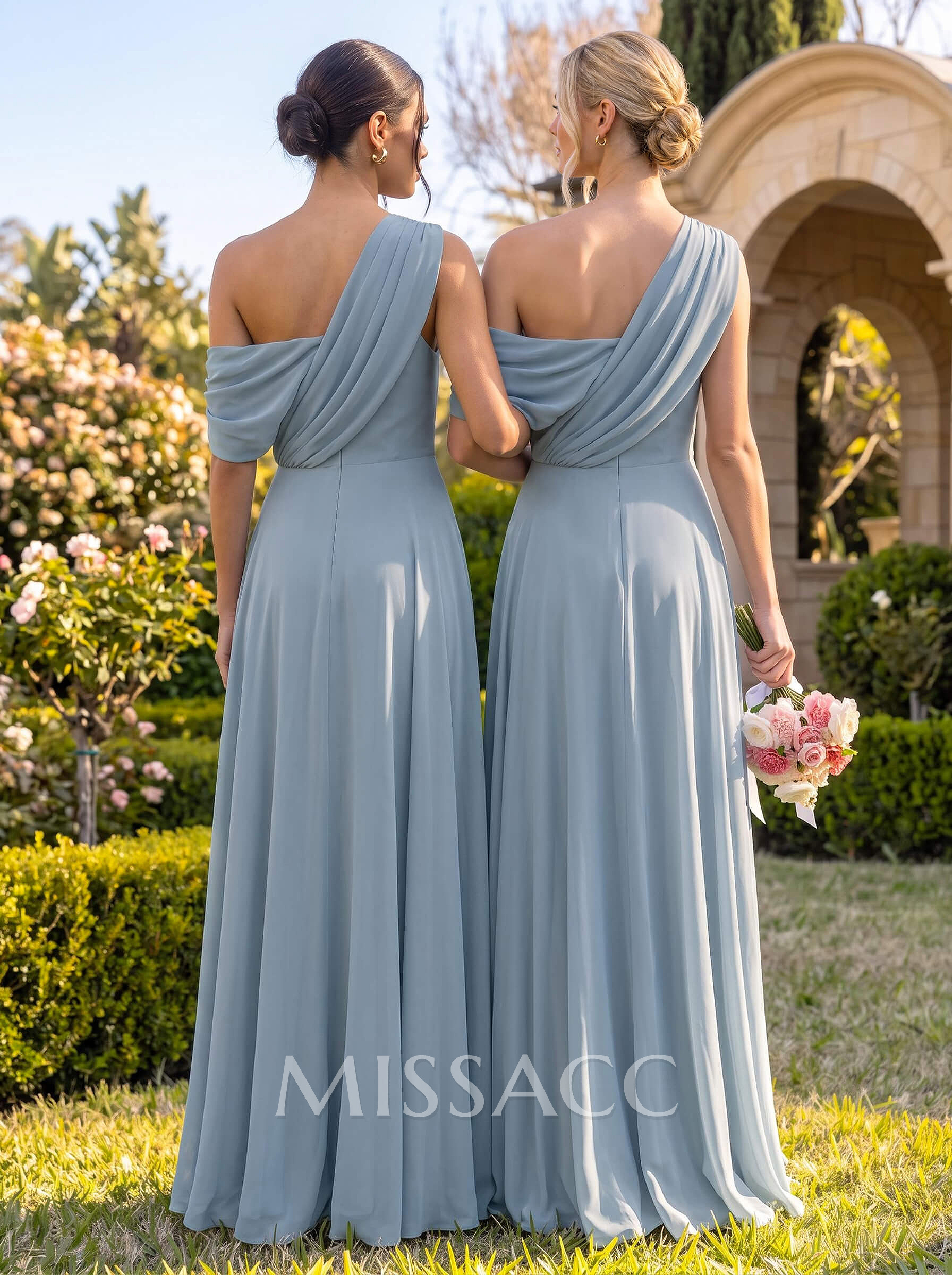 A-Line Asymmetrical Short Sleeves Floor-Length Chiffon Bridesmaid Dresses With High Split