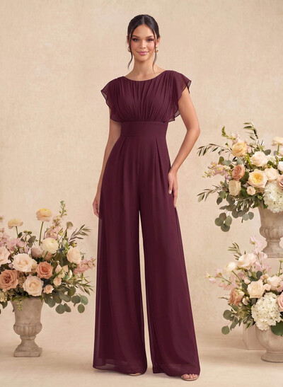 Jumpsuit/Pantsuit Scoop Neck Short Sleeves Floor-Length Chiffon Bridesmaid Dresses With Back Hole
