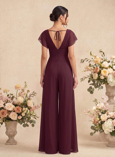Jumpsuit/Pantsuit Scoop Neck Short Sleeves Floor-Length Chiffon Bridesmaid Dresses With Back Hole