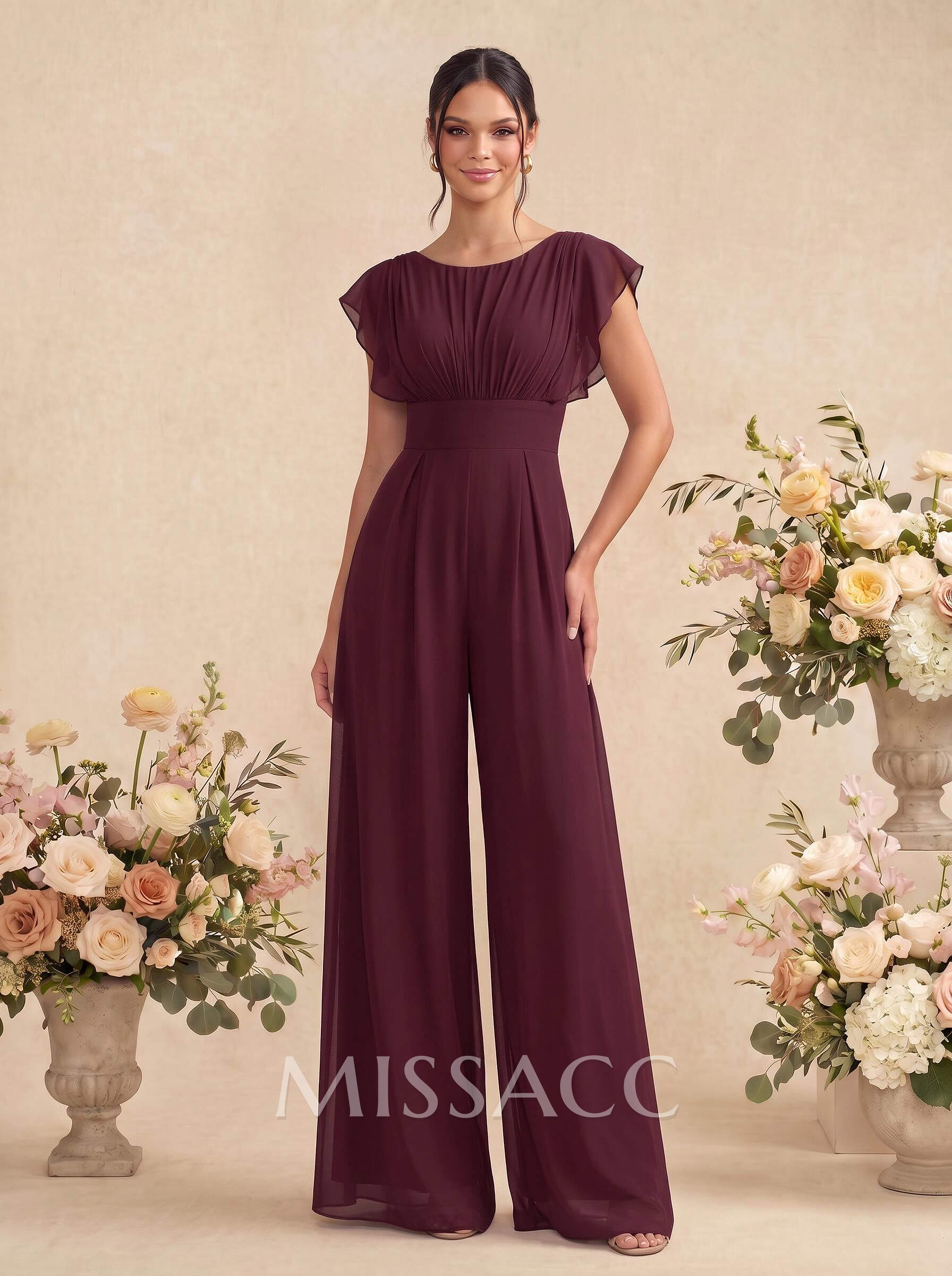 Jumpsuit/Pantsuit Scoop Neck Short Sleeves Floor-Length Chiffon Bridesmaid Dresses With Back Hole