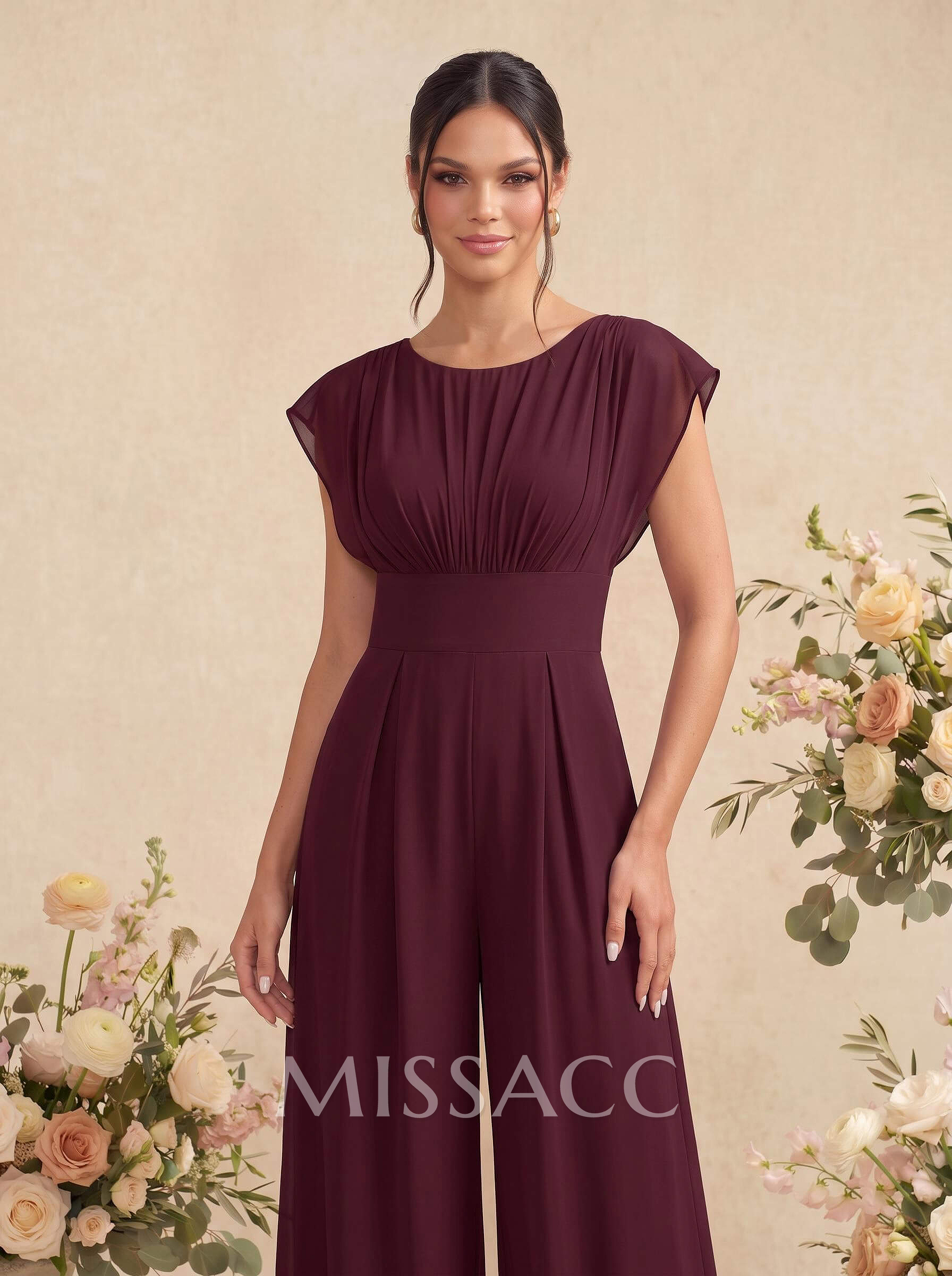 Jumpsuit/Pantsuit Scoop Neck Short Sleeves Floor-Length Chiffon Bridesmaid Dresses With Back Hole