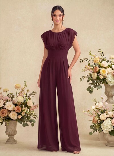 Jumpsuit/Pantsuit Scoop Neck Short Sleeves Floor-Length Chiffon Bridesmaid Dresses With Back Hole