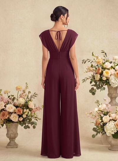 Jumpsuit/Pantsuit Scoop Neck Short Sleeves Floor-Length Chiffon Bridesmaid Dresses With Back Hole