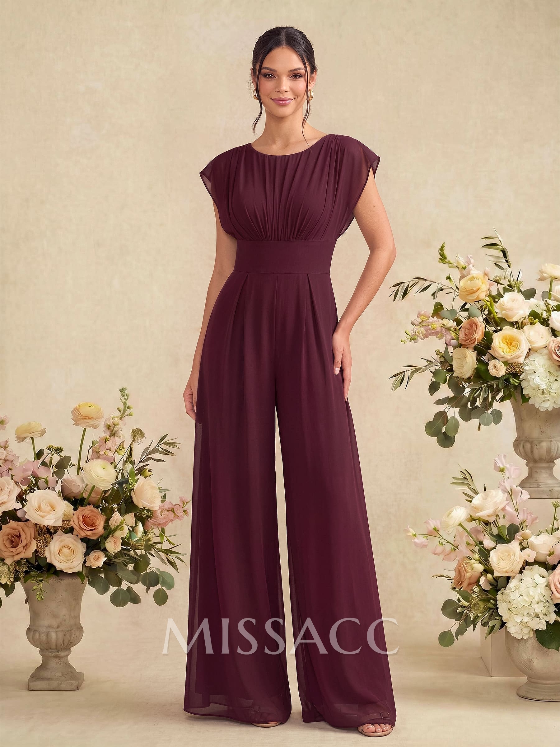 Jumpsuit/Pantsuit Scoop Neck Short Sleeves Floor-Length Chiffon Bridesmaid Dresses With Back Hole