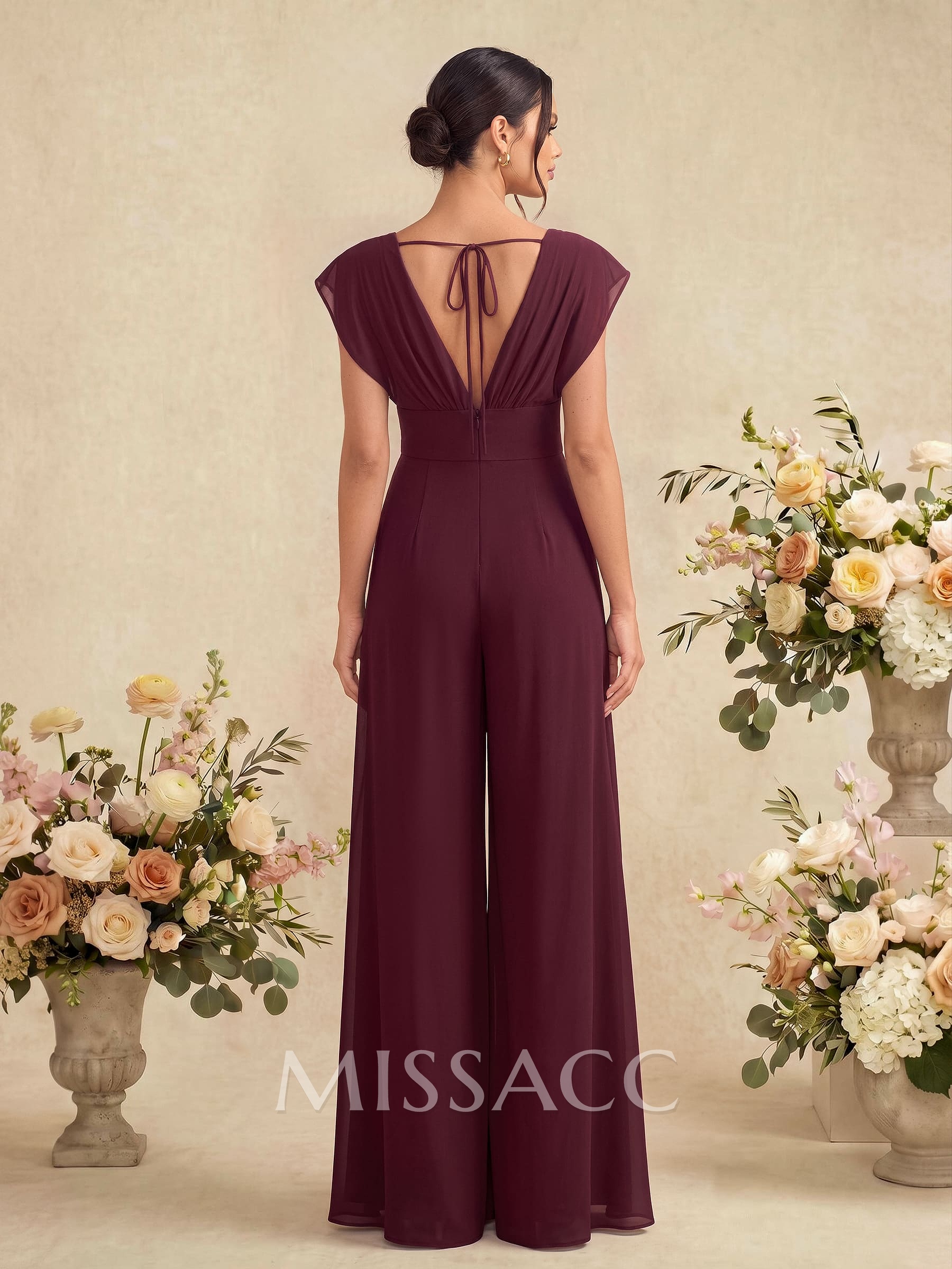 Jumpsuit/Pantsuit Scoop Neck Short Sleeves Floor-Length Chiffon Bridesmaid Dresses With Back Hole