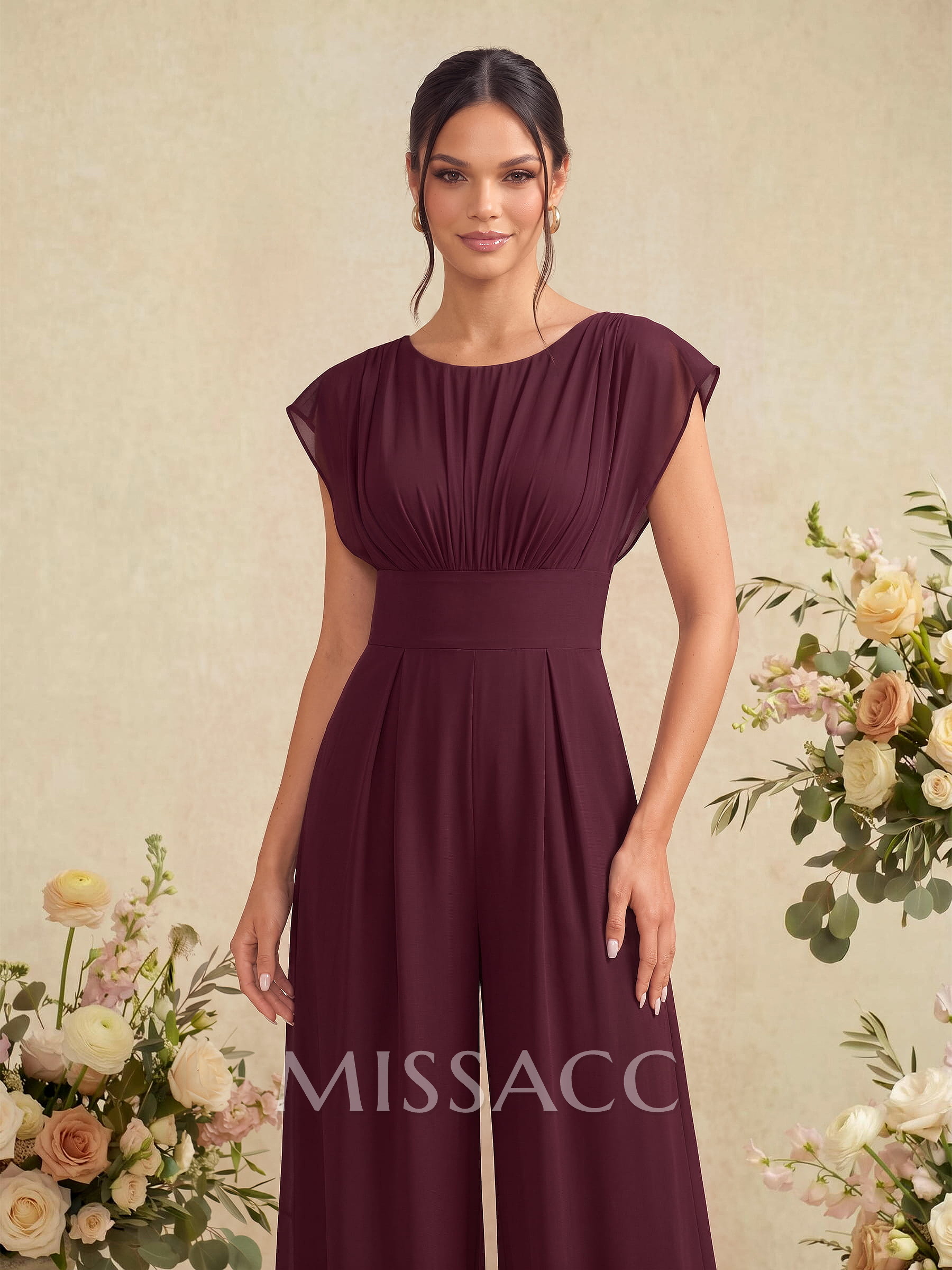 Jumpsuit/Pantsuit Scoop Neck Short Sleeves Floor-Length Chiffon Bridesmaid Dresses With Back Hole