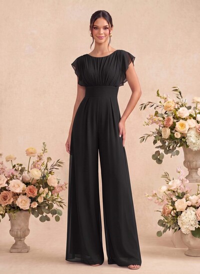 Jumpsuit/Pantsuit Scoop Neck Short Sleeves Floor-Length Chiffon Bridesmaid Dresses With Back Hole