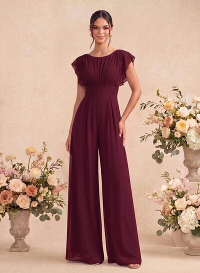 Jumpsuit/Pantsuit Scoop Neck Short Sleeves Floor-Length Chiffon Bridesmaid Dresses With Back Hole