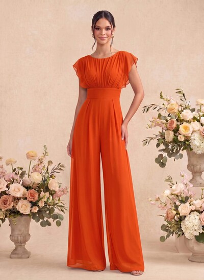 Jumpsuit/Pantsuit Scoop Neck Short Sleeves Floor-Length Chiffon Bridesmaid Dresses With Back Hole