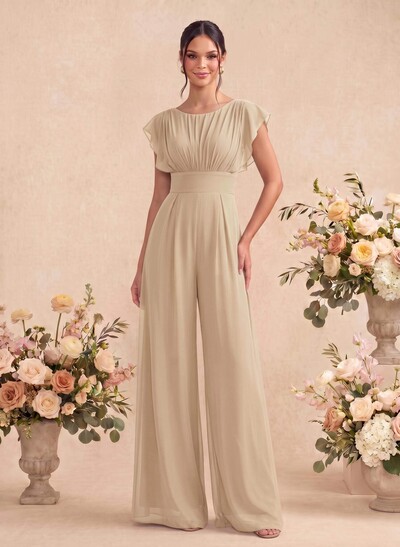 Jumpsuit/Pantsuit Scoop Neck Short Sleeves Floor-Length Chiffon Bridesmaid Dresses With Back Hole