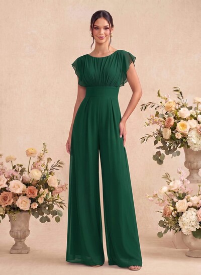 Jumpsuit/Pantsuit Scoop Neck Short Sleeves Floor-Length Chiffon Bridesmaid Dresses With Back Hole