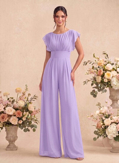 Chiffon Bridesmaid Jumpsuit/Trouser Suit, Floor-Length, Scoop Neck, Short Sleeves With Keyhole Back