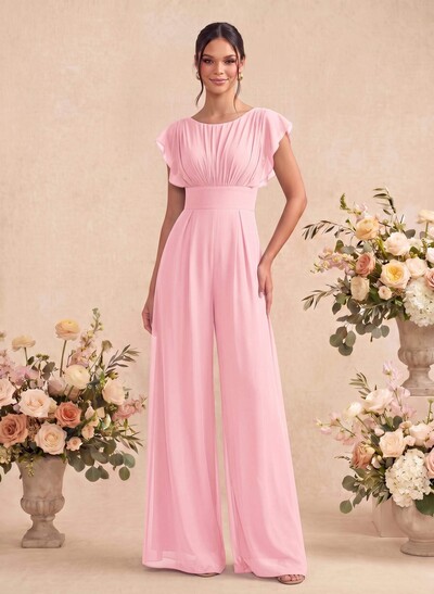 Jumpsuit/Pantsuit Scoop Neck Short Sleeves Floor-Length Chiffon Bridesmaid Dresses With Back Hole