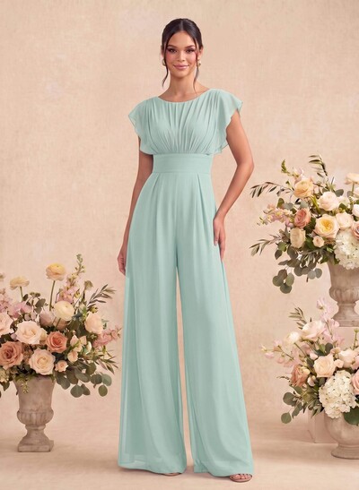 Jumpsuit/Pantsuit Scoop Neck Short Sleeves Floor-Length Chiffon Bridesmaid Dresses With Back Hole