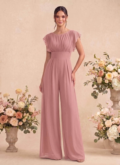 Jumpsuit/Pantsuit Scoop Neck Short Sleeves Floor-Length Chiffon Bridesmaid Dresses With Back Hole
