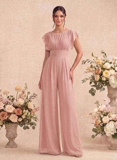 Jumpsuit/Pantsuit Scoop Neck Short Sleeves Floor-Length Chiffon Bridesmaid Dresses With Back Hole