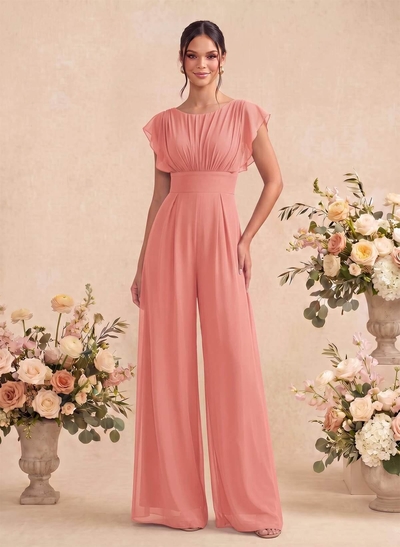 Jumpsuit/Pantsuit Scoop Neck Short Sleeves Floor-Length Chiffon Bridesmaid Dresses With Back Hole