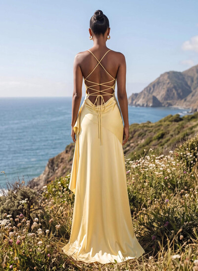 Sheath/Column V-Neck Sleeveless Asymmetrical Charmeuse Bridesmaid Dresses With Split Front/Cascading Ruffles/High Split