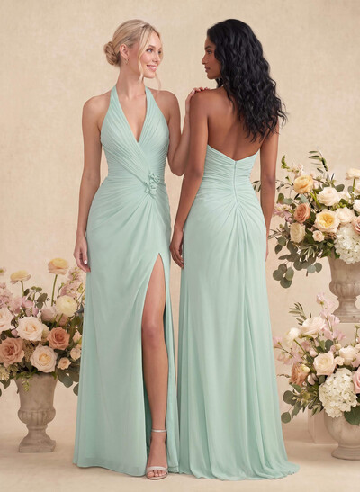 Sheath/Column Halter Sleeveless Floor-Length Chiffon Bridesmaid Dresses With Pleated/Flower/High Split