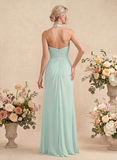 Sheath/Column Halter Sleeveless Floor-Length Chiffon Bridesmaid Dresses With Pleated/Flower/High Split