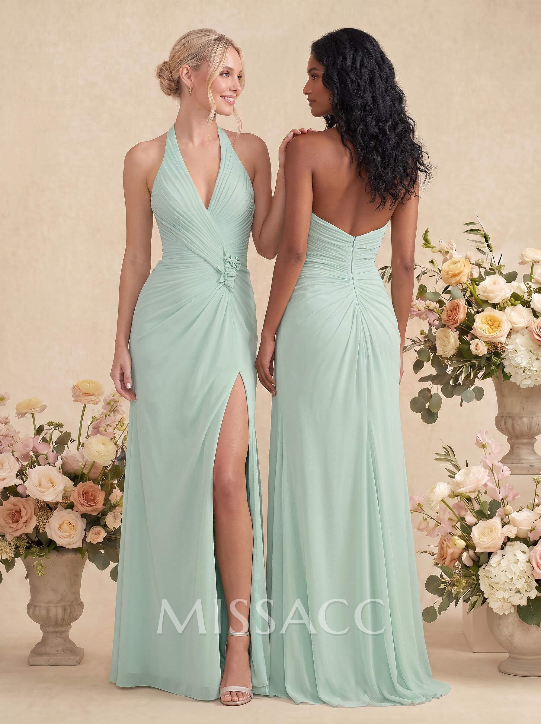 Sheath/Column Halter Sleeveless Floor-Length Chiffon Bridesmaid Dresses With Pleated/Flower/High Split
