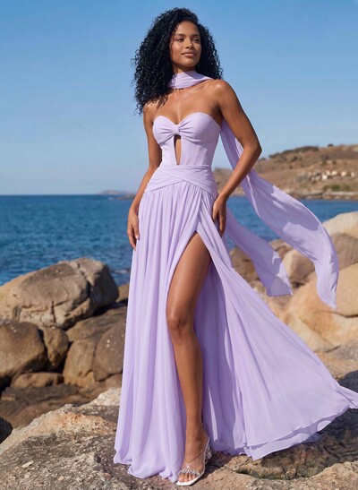 A-Line Sweetheart Sleeveless Sweep Train Chiffon Bridesmaid Dresses With Pleated/High Split