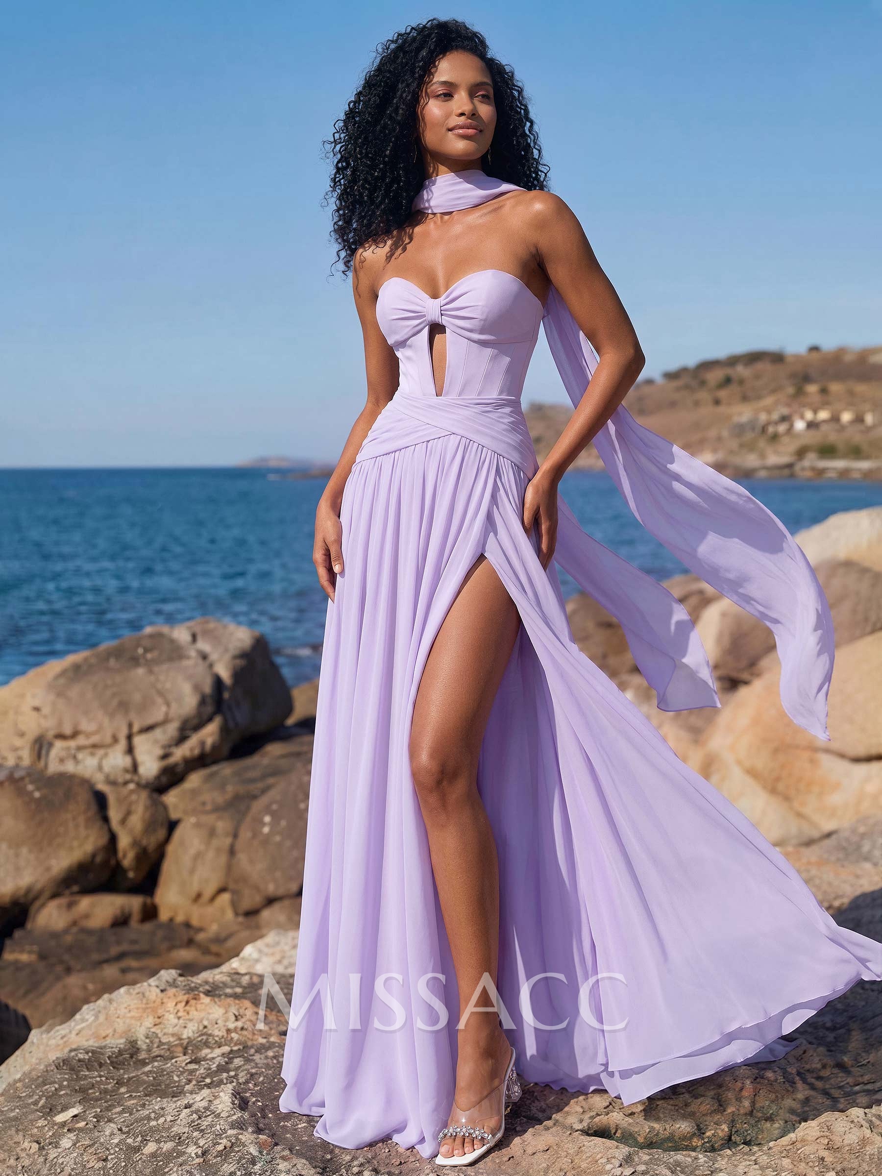 A-Line Sweetheart Sleeveless Sweep Train Chiffon Bridesmaid Dresses With Pleated/High Split