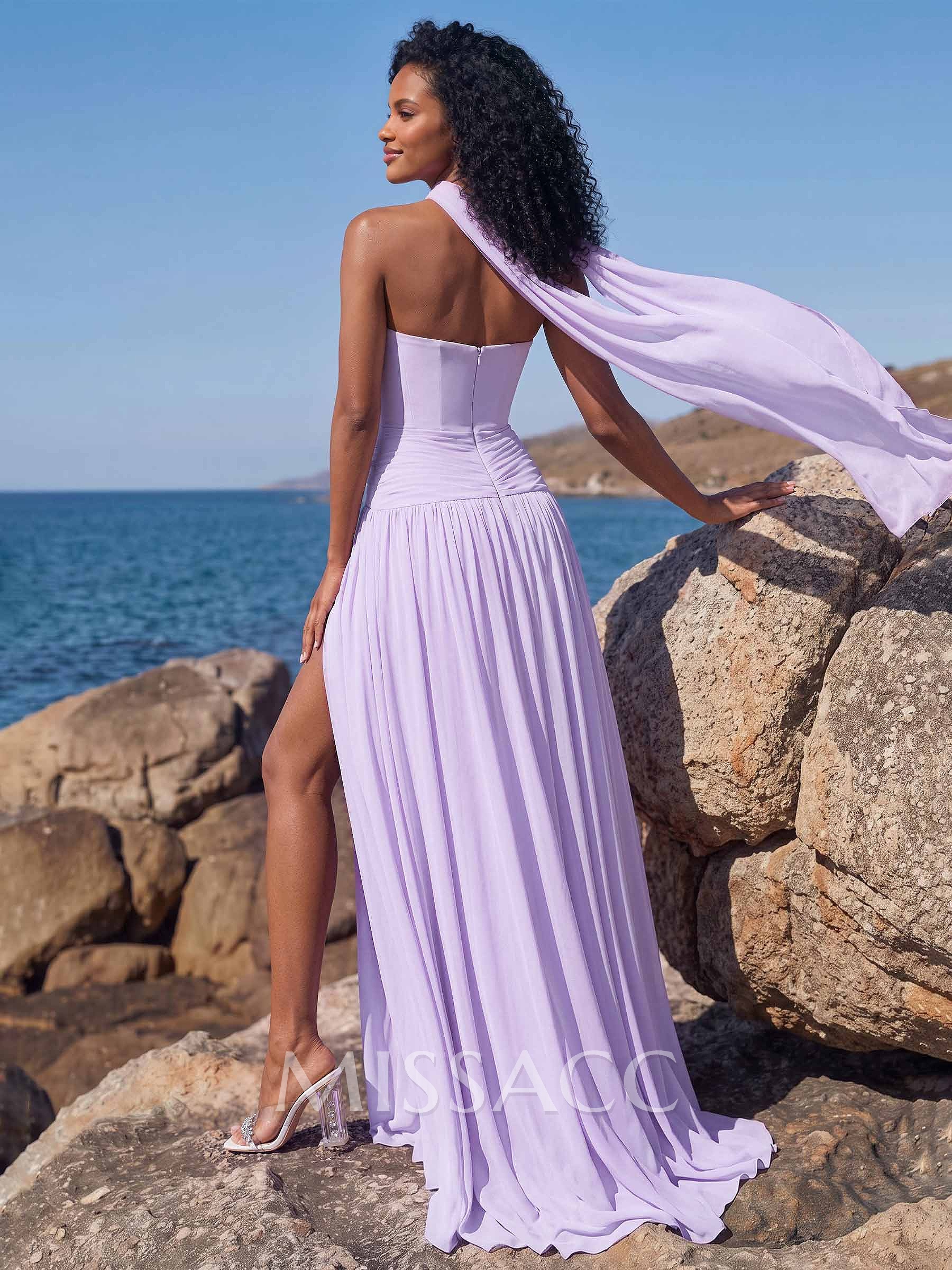 A-Line Sweetheart Sleeveless Sweep Train Chiffon Bridesmaid Dresses With Pleated/High Split