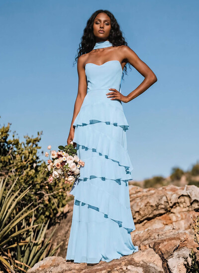 Sheath/Column Sweetheart Sleeveless Floor-Length Chiffon Bridesmaid Dresses With Cascading Ruffles