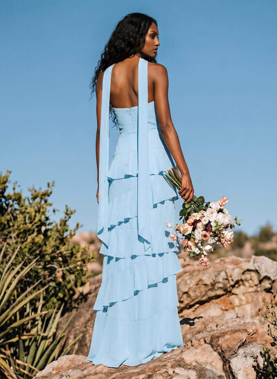 Sheath/Column Sweetheart Sleeveless Floor-Length Chiffon Bridesmaid Dresses With Cascading Ruffles