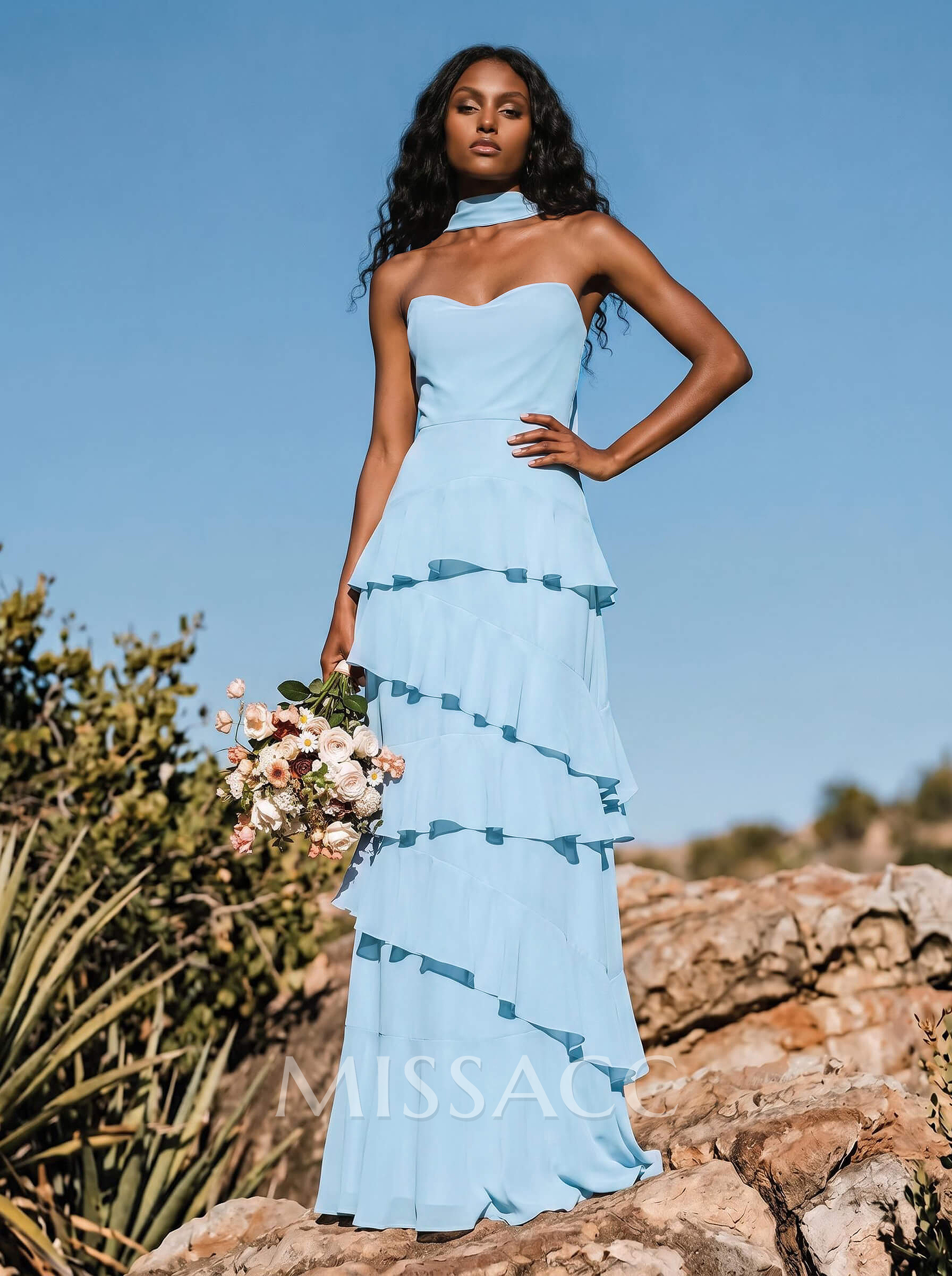 Sheath/Column Sweetheart Sleeveless Floor-Length Chiffon Bridesmaid Dresses With Cascading Ruffles