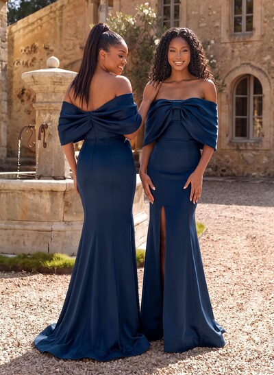 Trumpet/Mermaid Off-The-Shoulder Sleeveless Sweep Train Satin Bridesmaid Dresses With Bow/High Split