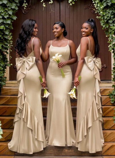 Trumpet/Mermaid Square Neckline Sleeveless Sweep Train Crepe Satin Bridesmaid Dresses With Ruffle/Bow