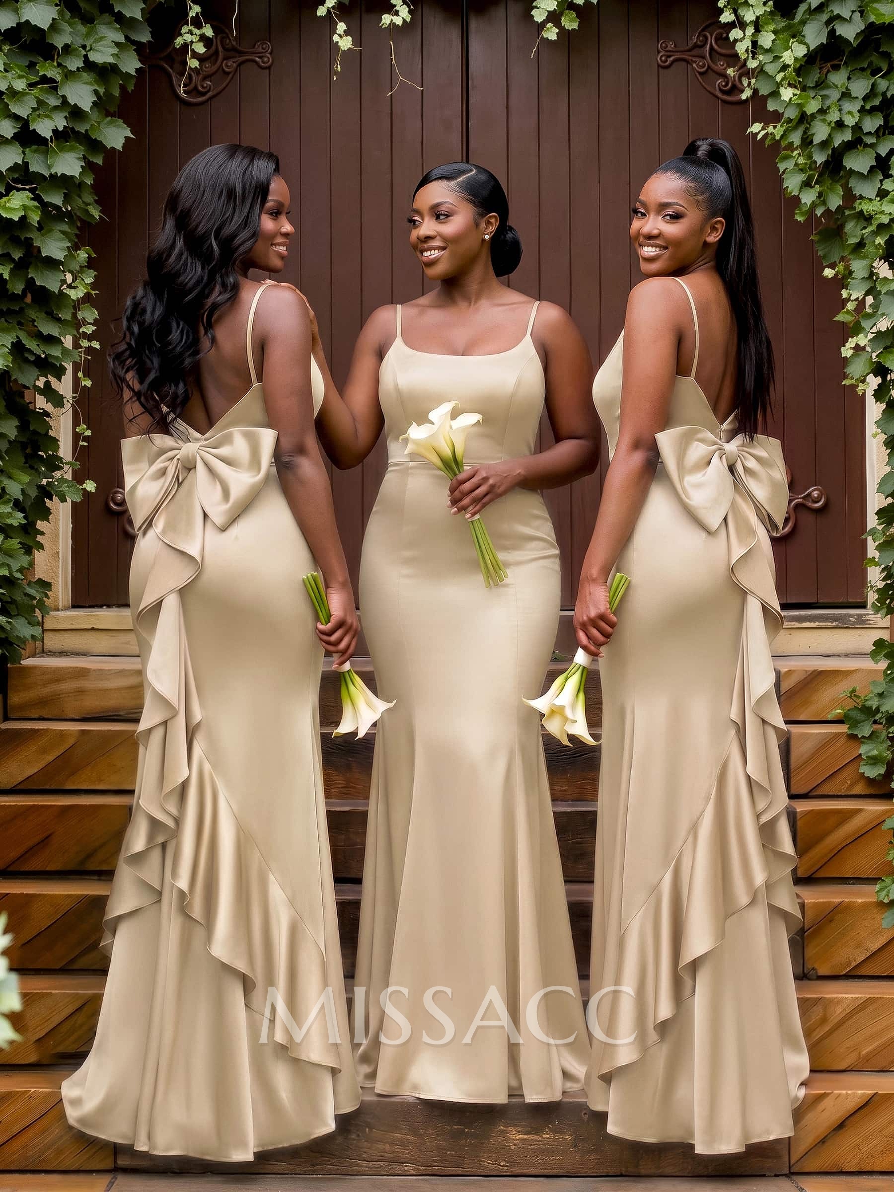 Trumpet/Mermaid Square Neckline Sleeveless Sweep Train Crepe Satin Bridesmaid Dresses With Ruffle/Bow