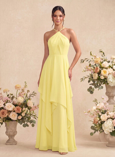 A-Line Halter Sleeveless Floor-Length Chiffon Bridesmaid Dresses With Ruffle