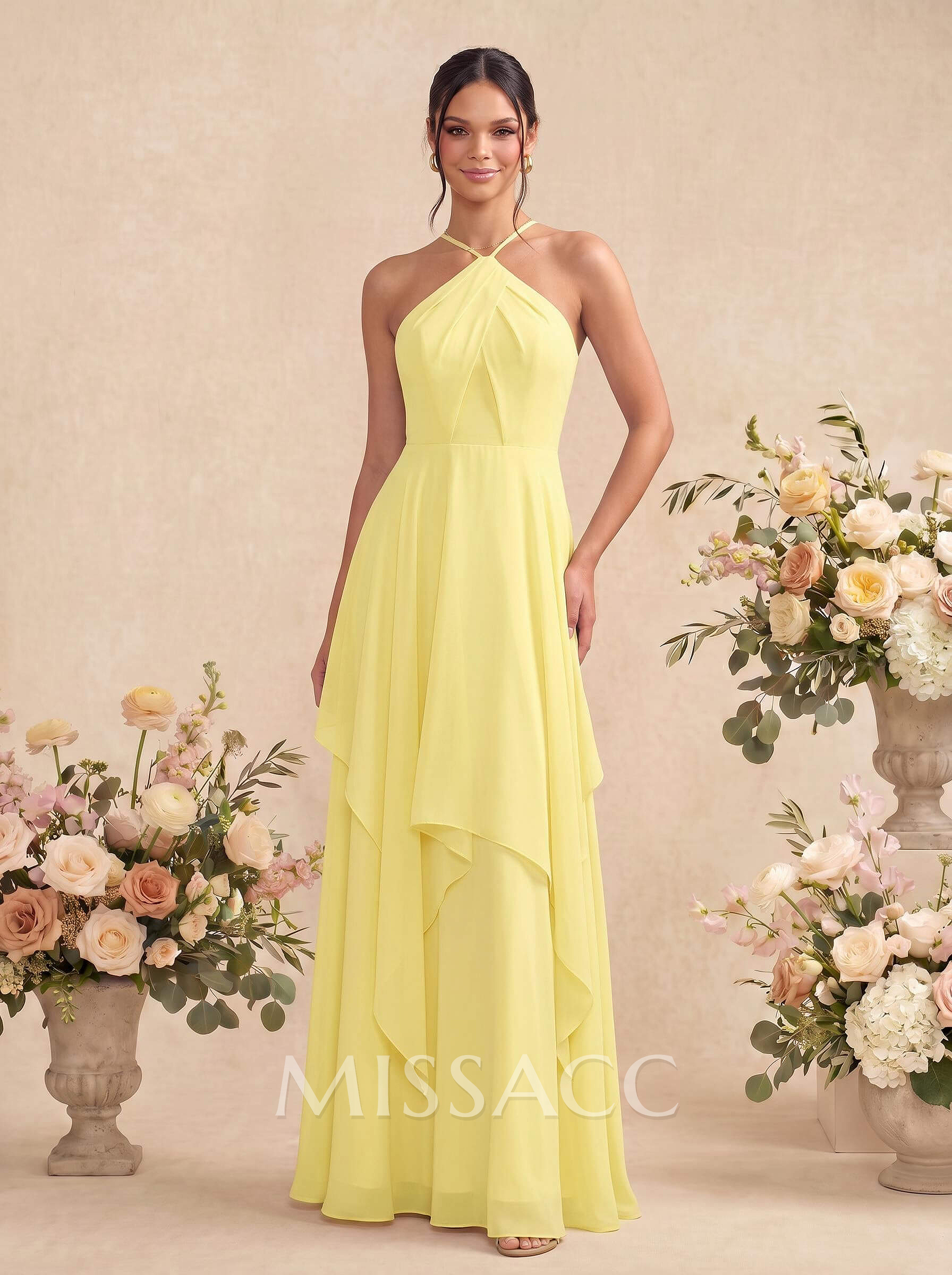 A-Line Halter Sleeveless Floor-Length Chiffon Bridesmaid Dresses With Ruffle